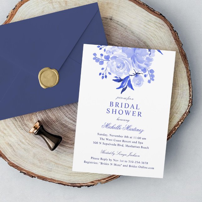 Blue and White Watercolor Floral Bridal Shower Invitation