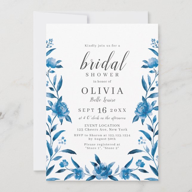 Blue and white watercolor floral bridal shower invitation (Front)