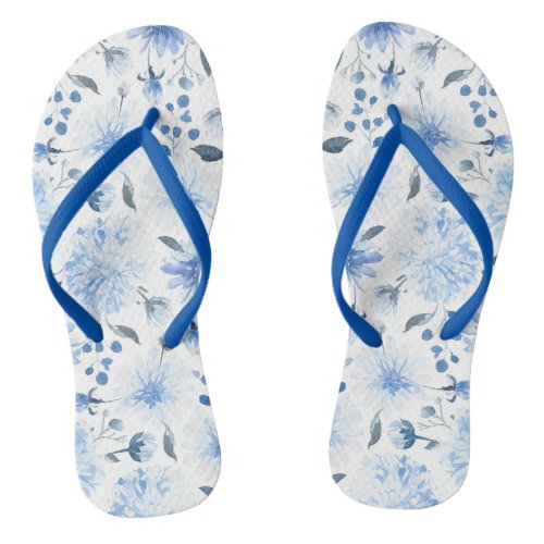 Blue and White Watercolor Floral Flip Flop Sandals