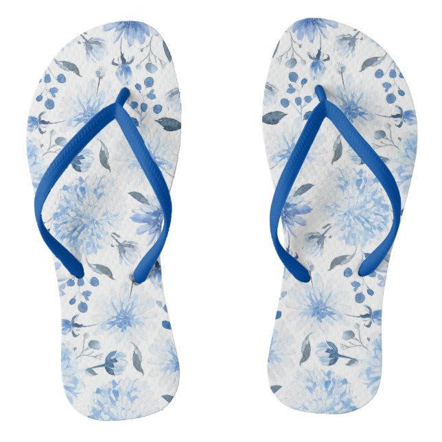 Blue and White Watercolor Floral Flip Flop Sandals (Footbed)