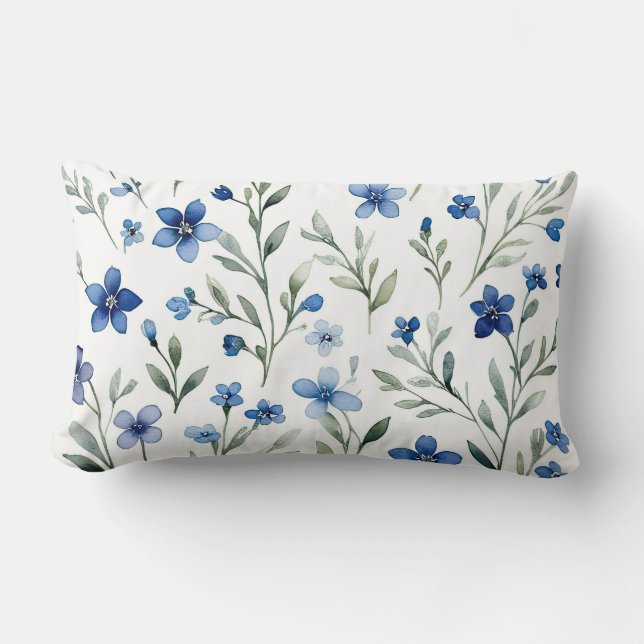 Blue and white Watercolor Floral Lumbar Pillow (Front)