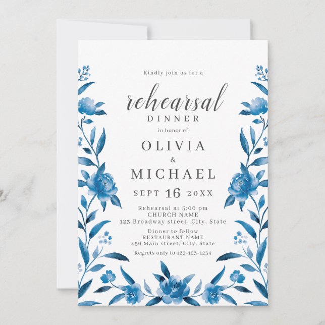 Blue and white watercolor floral rehearsal dinner invitation (Front)