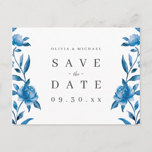 Blue and white watercolor floral save the date announcement postcard