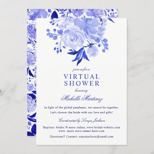 Blue and White Watercolor Floral Virtual Shower Invitation