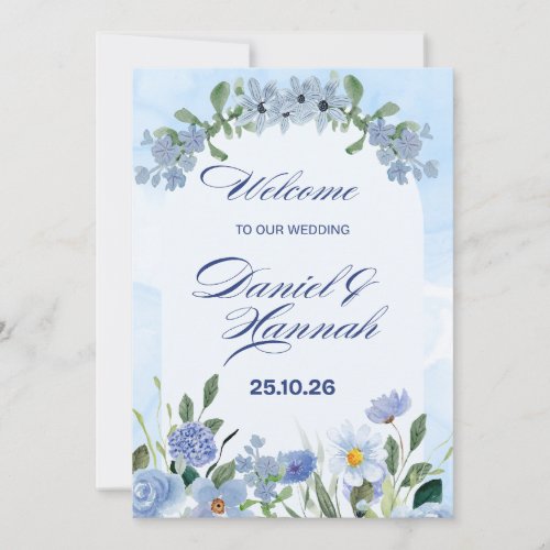 blue and white watercolor floral wedding invitation