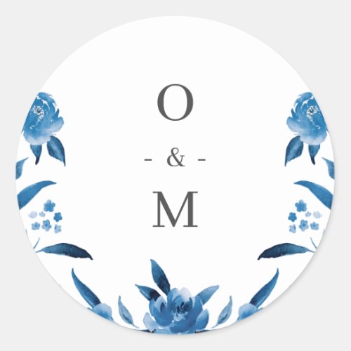 Blue and white watercolor floral wedding monogram classic round sticker