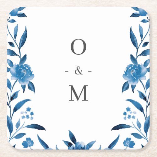 Blue and white watercolor floral wedding monogram square paper coaster