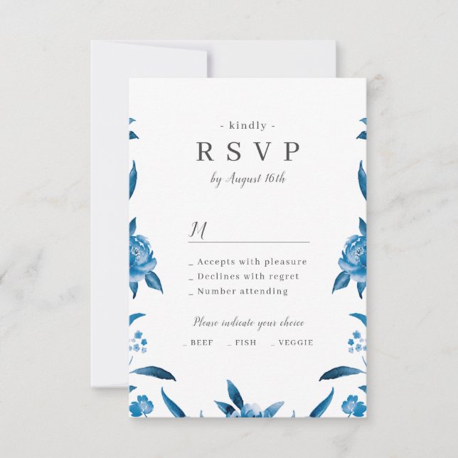 Blue and white watercolor floral wedding RSVP Card (Front)