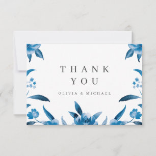 Blue and white watercolor floral wedding thank you card