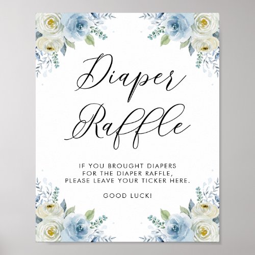 Blue and White Watercolor Flowers Diaper Raffle Poster
