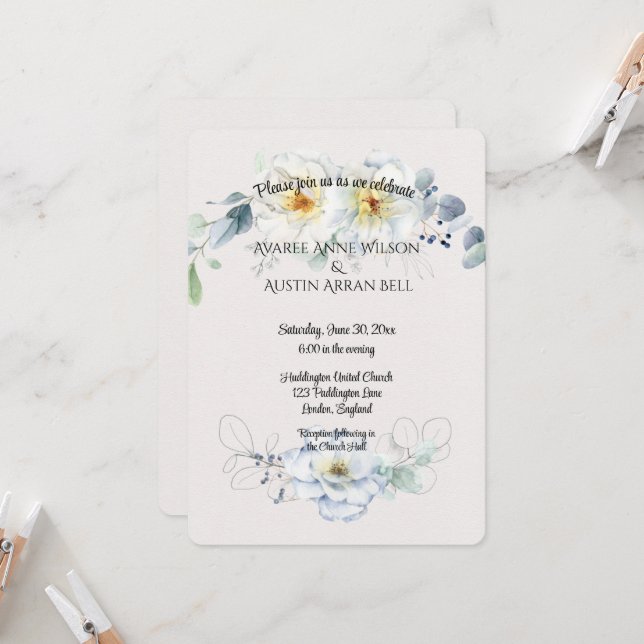 Blue and White Watercolor Flowers Invitation (Front/Back In Situ)