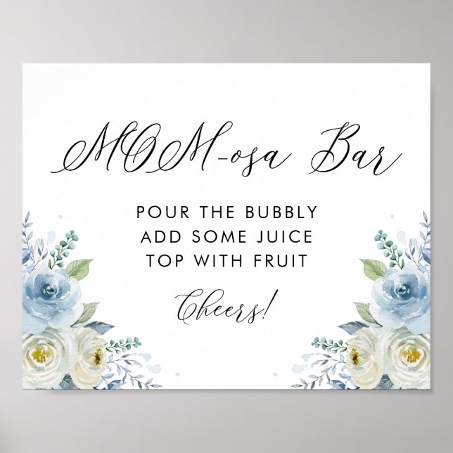 Blue and White Watercolor Flowers Mom-osa Bar Poster (Front)
