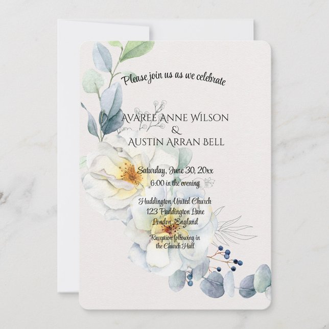 Blue and White Watercolor Flowers Wedding Invitation (Creator Uploaded)