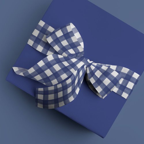 Blue and White Watercolor Gingham Satin Ribbon