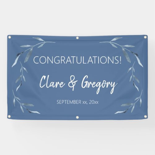Blue and White Watercolor Leaves Wedding Banner