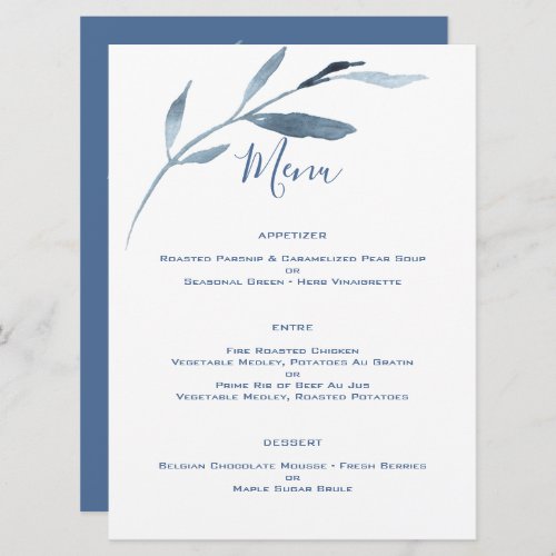 Blue and White Watercolor Leaves Wedding  Menu