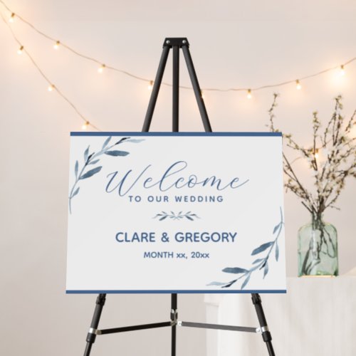 Blue and White Watercolor Leaves Wedding Welcome Foam Board