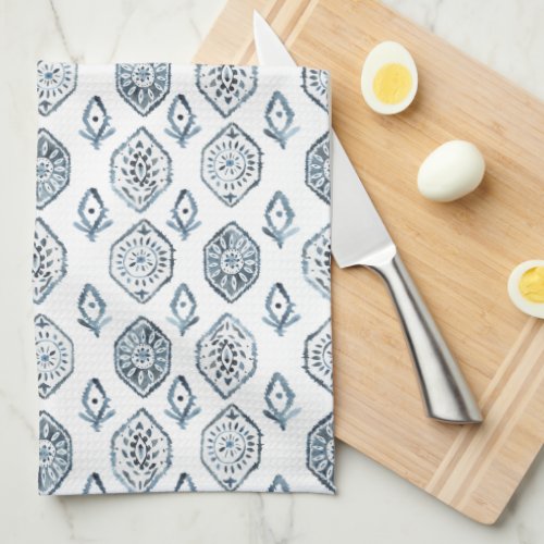 Blue and White Watercolor Moroccan Tile Pattern Kitchen Towel
