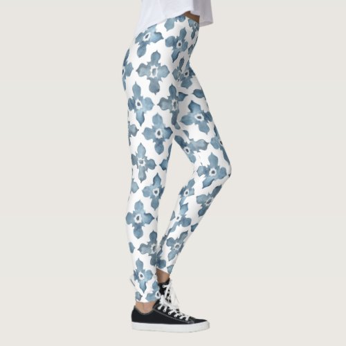 Blue and White Watercolor Moroccan Tile Pattern Leggings