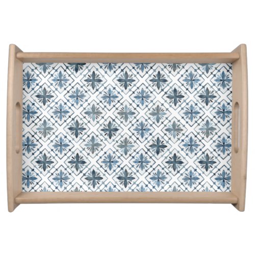Blue and White Watercolor Moroccan Tile Pattern Serving Tray