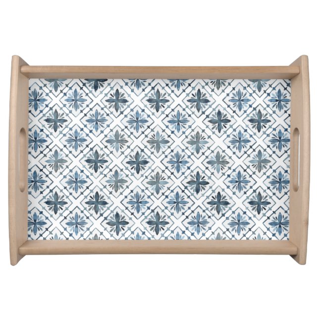 Blue and White Watercolor Moroccan Tile Pattern Serving Tray (Front)