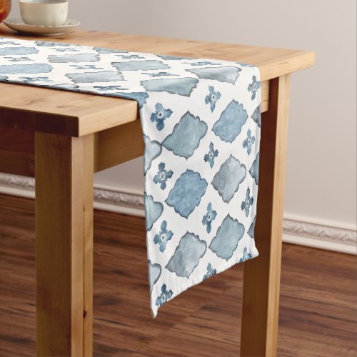Blue and White Watercolor Moroccan Tile Pattern Short Table Runner