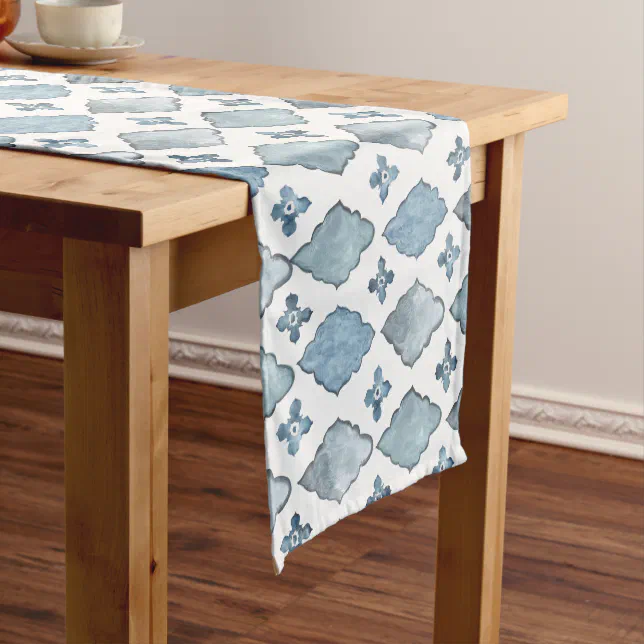 Blue and White Watercolor Moroccan Tile Pattern Short Table Runner | Zazzle