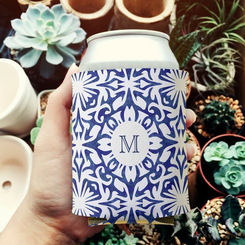 Blue and White Watercolor Spanish Tile Monogram Can Cooler