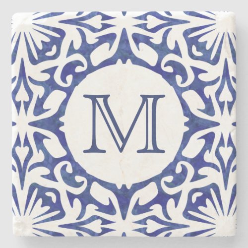 Blue and White Watercolor Spanish Tile Monogram Stone Coaster