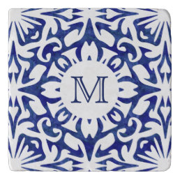 Blue and White Watercolor Spanish Tile Monogram Trivet