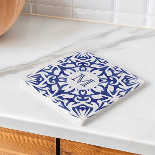 Blue and White Watercolor Spanish Tile Monogram Trivet