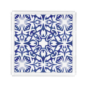 Blue and White Watercolor Spanish Tile Pattern Acrylic Tray