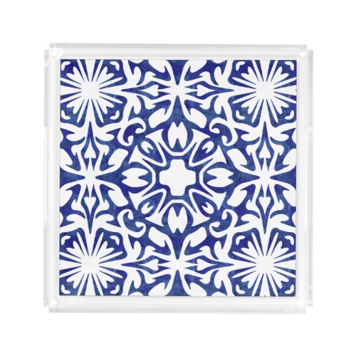 Blue and White Watercolor Spanish Tile Pattern Acrylic Tray