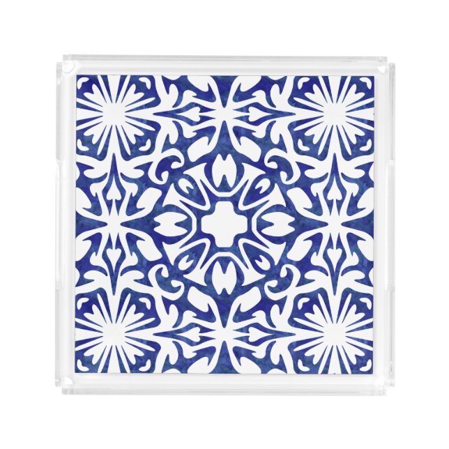 Blue and White Watercolor Spanish Tile Pattern Acrylic Tray (Front)