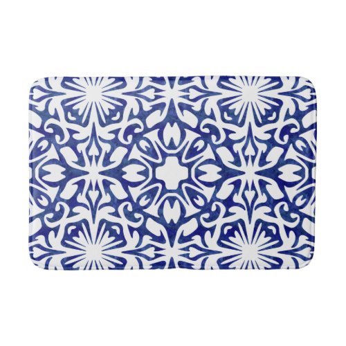 Blue and White Watercolor Spanish Tile Pattern Bath Mat