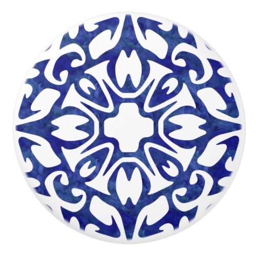 Blue and White Watercolor Spanish Tile Pattern Ceramic Knob