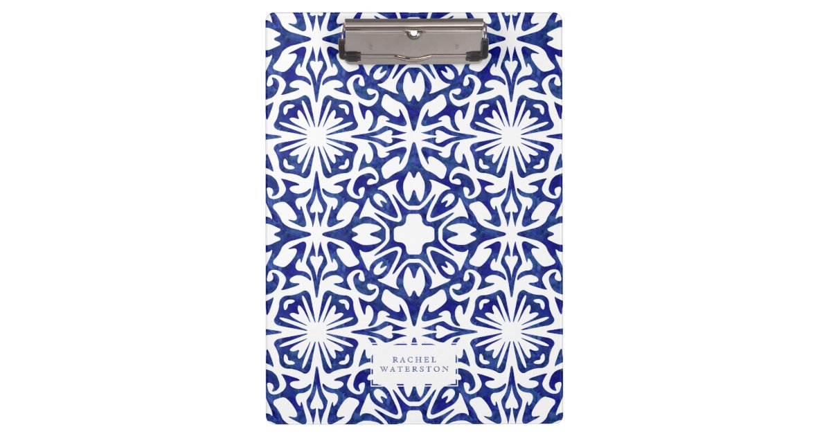 Blue and White Watercolor Spanish Tile Pattern Clipboard