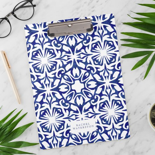 Blue and White Watercolor Spanish Tile Pattern Clipboard