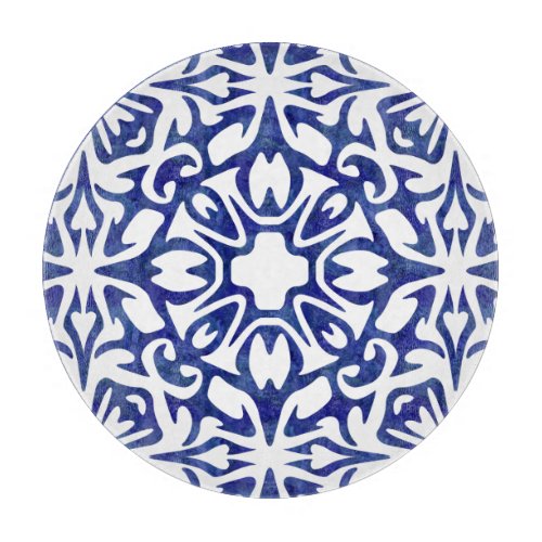 Blue and White Watercolor Spanish Tile Pattern Cutting Board