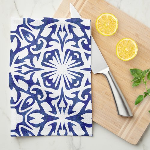 Blue and White Watercolor Spanish Tile Pattern Kitchen Towel