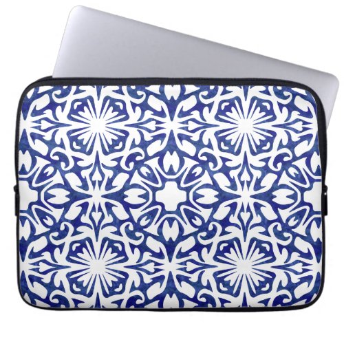 Blue and White Watercolor Spanish Tile Pattern Laptop Sleeve