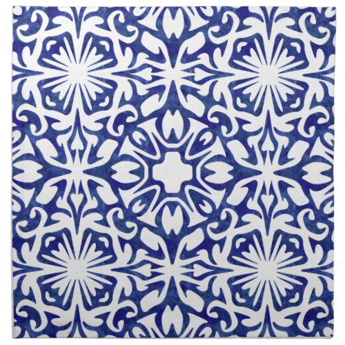 Blue and White Watercolor Spanish Tile Pattern Napkin