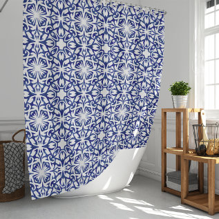 Blue And White Watercolor Spanish Tile Pattern Shower Curtain at Zazzle