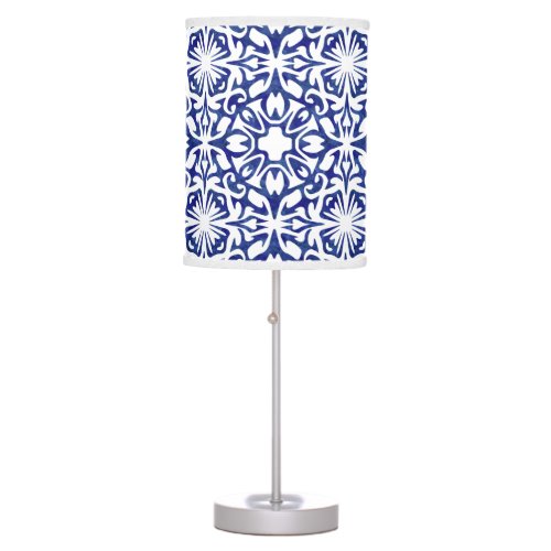 Blue and White Watercolor Spanish Tile Pattern Table Lamp