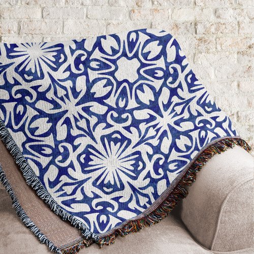 Blue and White Watercolor Spanish Tile Pattern Throw Blanket