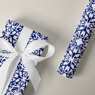 Blue and White Watercolor Spanish Tile Pattern Wrapping Paper