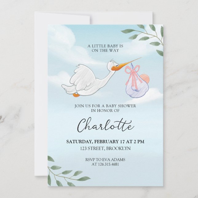Blue and White Watercolor Stork Baby Shower Invitation (Front)