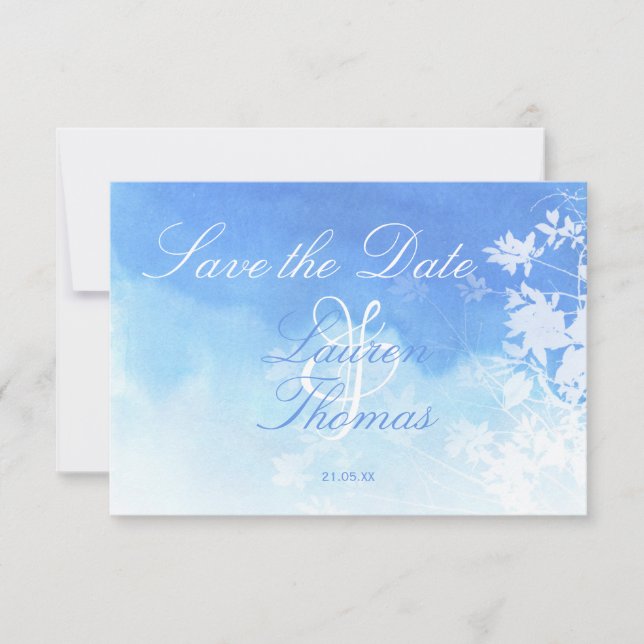 Blue and White Watercolour Save the Date Card (Front)