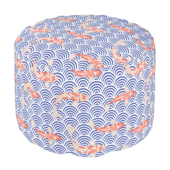 Blue and White Wave Pattern Koi Fish Pouf (Angled Back)