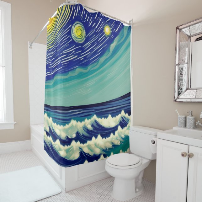 Blue and White Waves Lunar Stars Shower Curtain (In Situ)